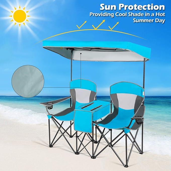 COSTWAY Double Camping Chair Portable Camping Chairs with Canopy Cup Holder Iced Bag Storage Bag Carrying Bag Folding Loveseat Camping Chair for Adults Outdoors Sport Blue