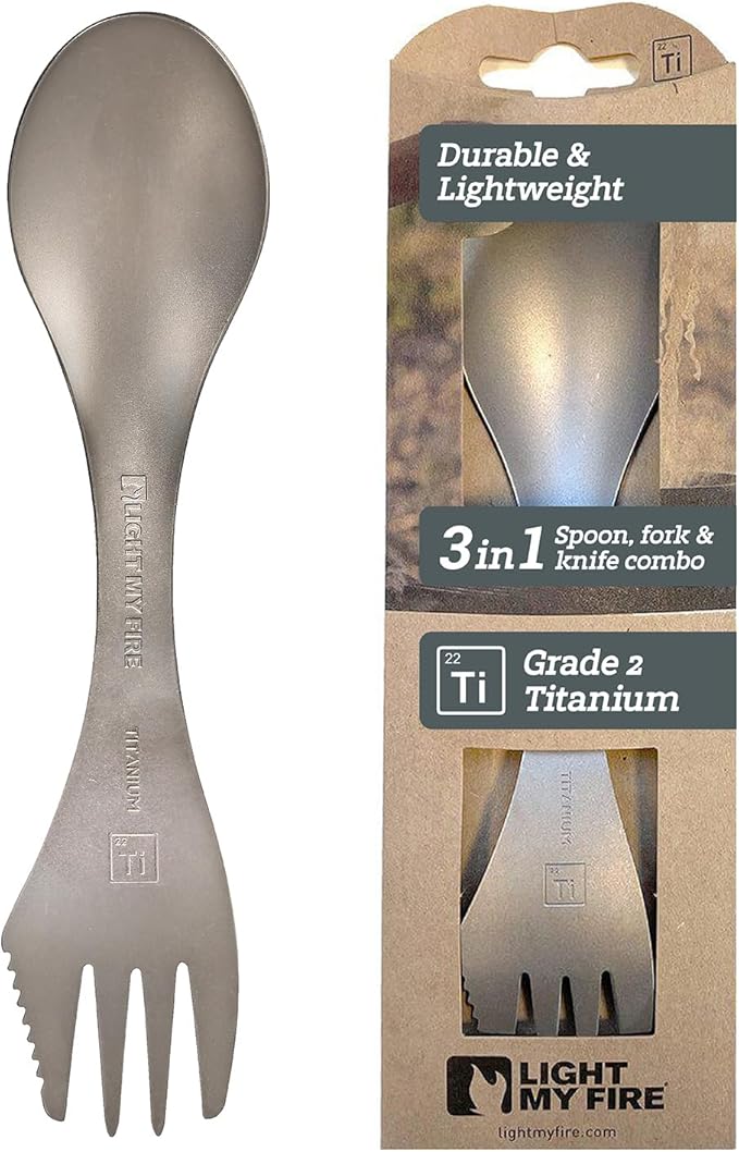 Light My Fire Titanium Spork Camping Spoon Fork Knife Combo Reusable Travel &amp Camping Utensils Durable Non-Toxic BPA Free Outdoor Backpacking Hiking Picnic Utensil - 1 Metal Spork