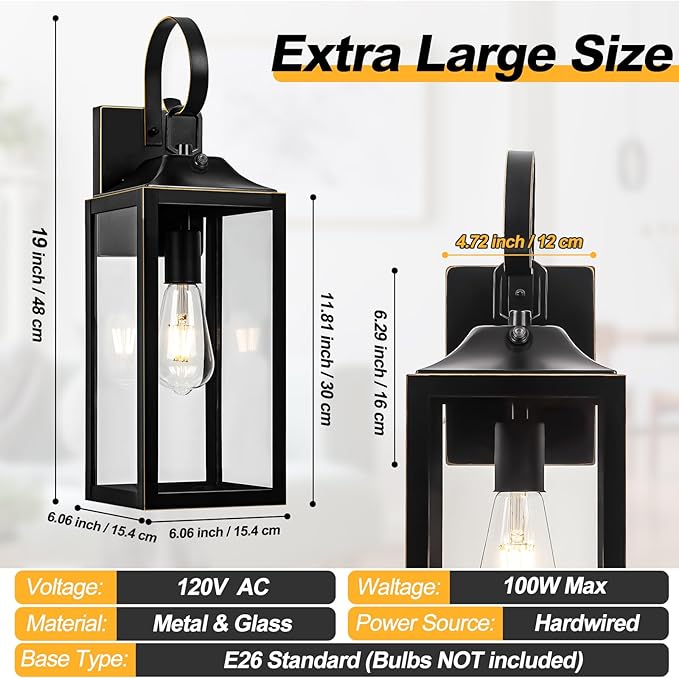 Large Dusk to Dawn Outdoor Wall Light 19 Black Outside Farmhouse Wall Sconce Industrial Wall Mount Light Fixture Waterproof Modern Porch Lighting Exterior Lamp for House -with Gold Trim