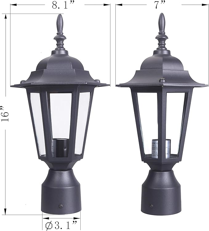 LIT-PaTH 16 Inch Outdoor Lamp Post Light Fixture Exterior Pole Lantern with Clear Glass Hardwired Aluminum Post Lighting for Driveway Garden Yard Matte Black 2-Pack