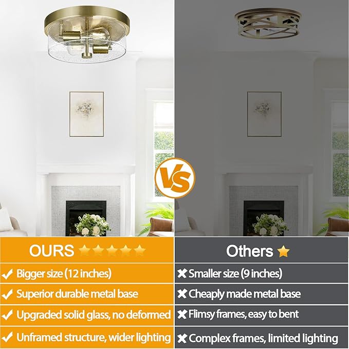 Flush Mount Ceiling Light Fixtures 2-Light Brass Ceiling Mount for Farmhouse with Seeded Glass Lampshade Industrial Hall Flush Mount Light Fixture for Hallway Kitchen Entryway Bedroom and Foyer