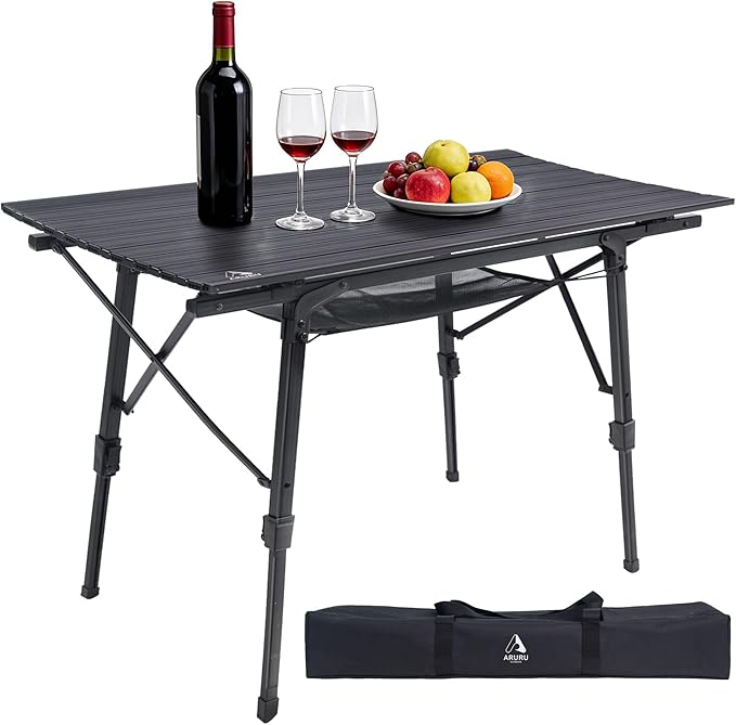 Portable Camping Table with Adjustable Hight Legs Lightweight Aluminum Folding Beach Table with Mesh NetCarrying Bag for Outdoor Cooking Picnic Beach Backyards BBQ and Party