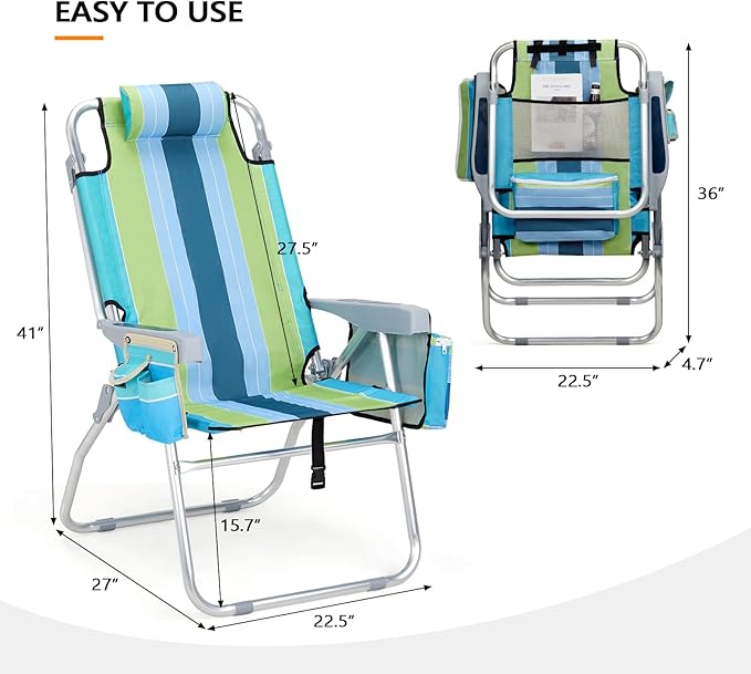 VINGLI 2 Pack Tall Beach Chair 16 with 5-Position Cooler Bag Cup Holders Towel Bar Lightweight Folding Beach Camping Chairs for Adults