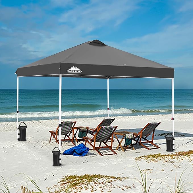 EAGLE PEAK Pop Up Canopy Tent with Wheeled Carry Bag 8 Stakes 4 Ropes 4 Weight Bags Easy Set Up Tent Canopy 10x10 ft 100sqft of Shade Gray