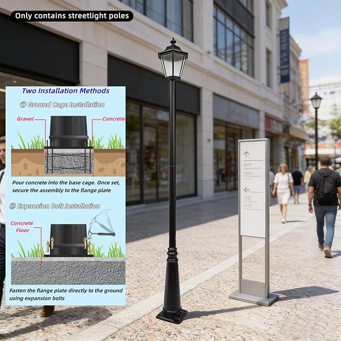8FT Outdoor Lamp Post Split Street Light Pole with Top Globe &amp Ground Cage Lighting Post Fixtures for Pathway Courtyard Parking Lot Fits Standard 3 Post Top Fixtures (8FT 275+76mm)