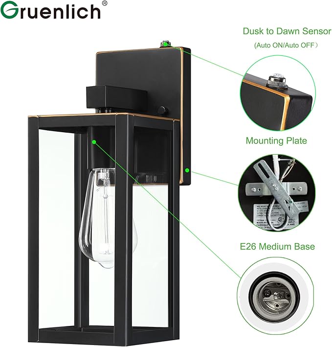 GRUENLICH Dusk to Dawn Large Outdoor Wall Lantern Wall Sconce as Porch Lighting Fixture E26 Base Max 60W Metal Housing with Glass Shade (Oil Rubbed Bronze 1-Pack)