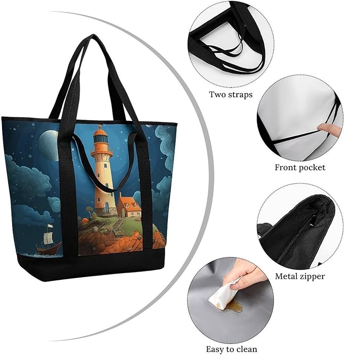 Insulated Shopping BagLarge Reusable Cooler Bags Catoon Whale Lighthouse Printed Foldable Shopping BagTravel Waterproof Shoulder Bag