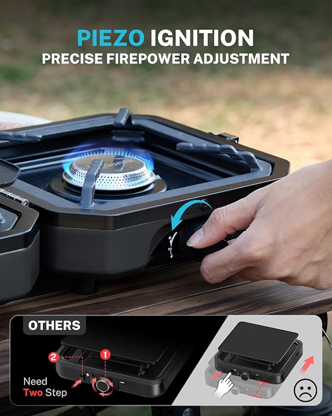 Gonex 2 Burner Propane Camping Stove with Griddle &amp Grates Portable Foldable Cooking Stove with Total 16000 BTU Two Piezo Ignition Adjustable Burners for Camping Patio Emergency Hiking (Blac