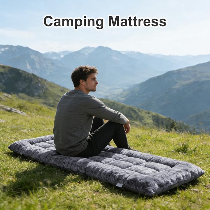 Thick Camping Sleeping Pad - Faux Rabbit Fur Ultra Soft &amp Non-Slip Sleeping Mat with Portable Roll up Camping Cot Pad for Travel Car Tent Guest Bed (75 x 28 Dark Grey)
