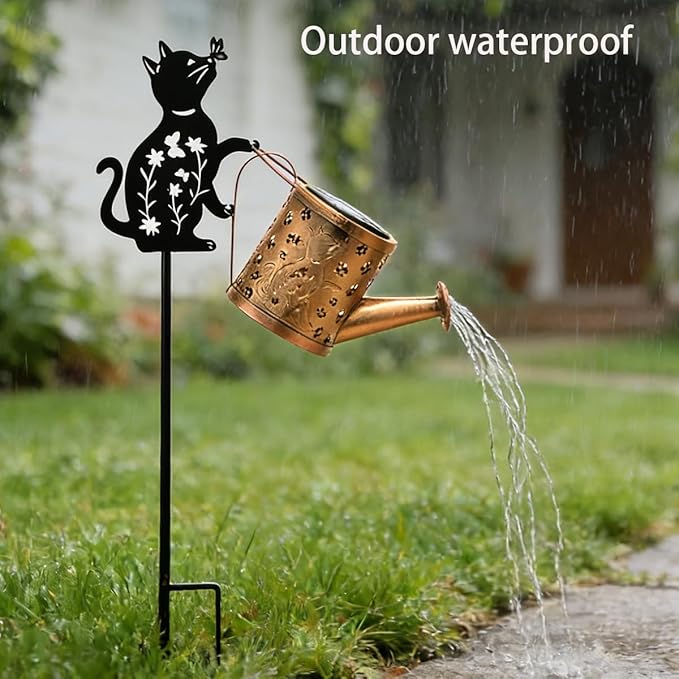 Garden Lanterns Solar Watering CanGarden Decor for OutsideCat Featuring a Metal Cat Silhouette Stake Ideal for Outdoor Landscaping Lawns and Pathways a Perfect Garden Gift for Women