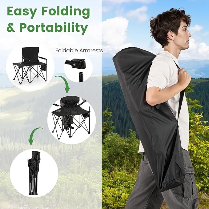 Goplus Oversized Camping Chair with Side Table Folding Heavy-Duty Picnic Chair w/ 2 Storage Pockets Cup Holder Padded Armrests Carrying Bag Portable Outdoor Chair for Fishing RV Trip (Black1)