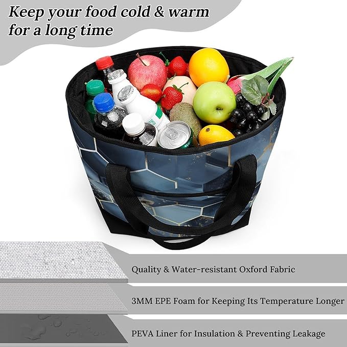 Insulated Shopping BagLarge Reusable Cooler Bags Blue Hexagons And Diamonds Printed Foldable Shopping BagTravel Waterproof Shoulder Bag
