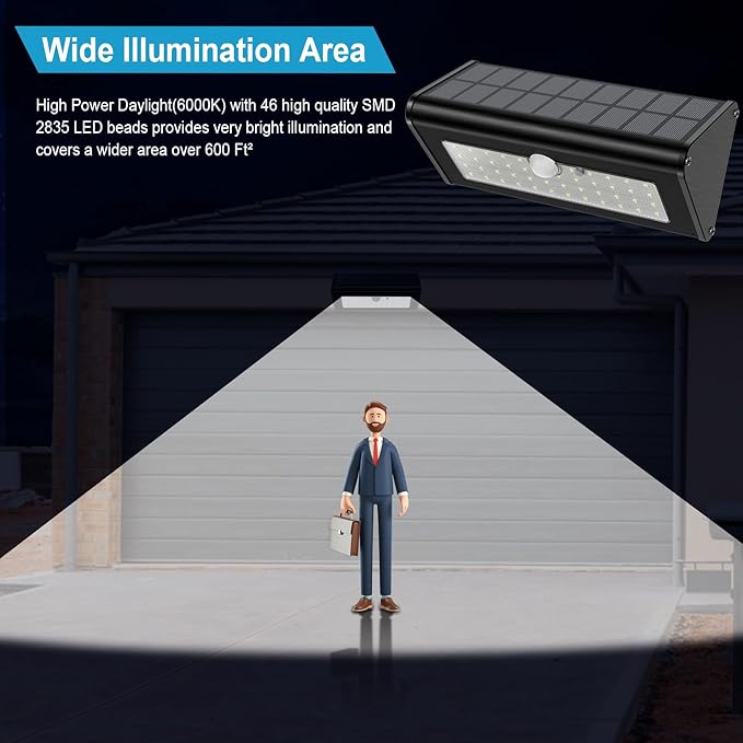SECUROAD 1100 Lumens Solar Motion Sensor Lights Outdoor IP65 Waterproof 4500mAh Battery Black Aluminum Metal Security Flood Wall Lights 1 Pack Daylight