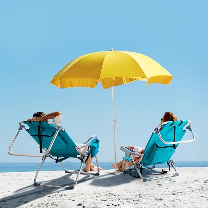5-Position Folding Low Backpack Beach Chair with Headrest &amp Cup Holder - Portable Aluminum Reclining Camping Chair with Storage Bags Adjustable Recline - Lightweight &amp Compact (HighGreen)