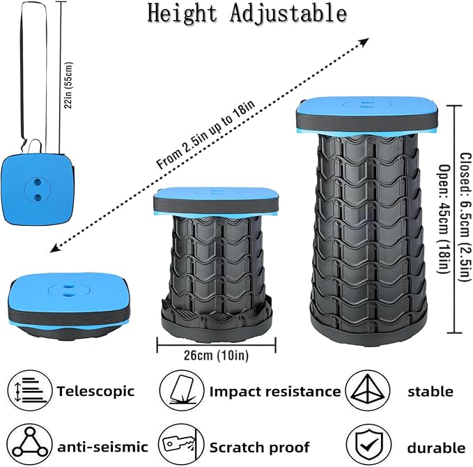 Upgraded Collapsible Stool Portable for Adults Heavy Duty 620lbs Max Weight Square Foldable Stool Thickened Telescoping Folding Seat for Camping Hiking Outdoor Travel(Square) (Blue)