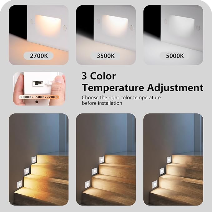120V Dimmable 3CCT Step LightsStair Lights OutdoorZinc Alloy/Aluminum Cover 2.5W 150LM IP65 Waterproof LED Stair Lights 2700K/3500K/5000K CRI90 Beam Angle 30° BlackWhite Brown 6/Pack (White)