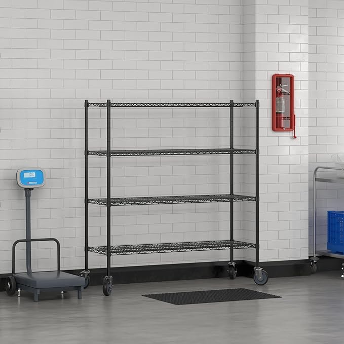 Commercial NSF Listed Black Epoxy Mobile Wire Shelving Kit 18 x 54 x 60 with 4 Shelves Perfect for Warehouse Walk-in Refrigerator Freezer Grocery Store Restaurant Dishroom