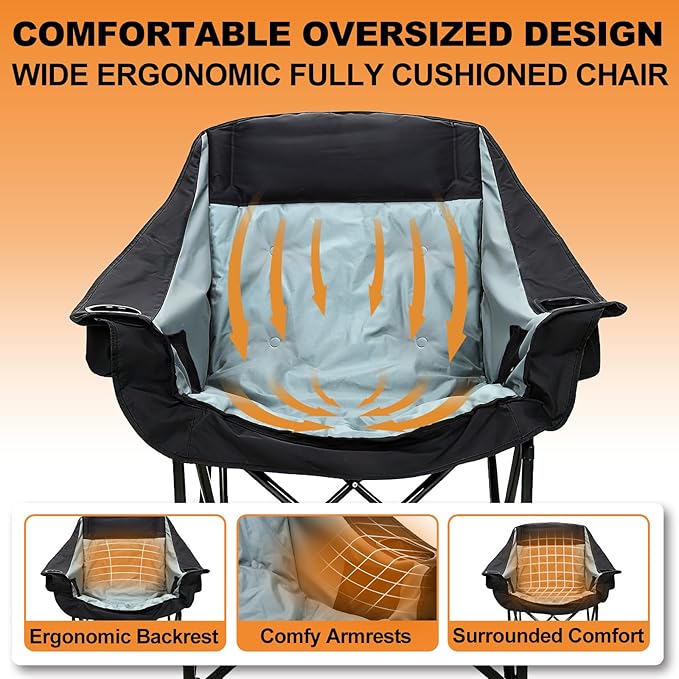 CypherX Oversized Heated Camping Chair 3 Heat Levels Folding Camping Chairs for Adults Heavy Duty Padded Lawn Chair for Outdoor Sports Lawn Fishing Garden Portablen (No Battery)