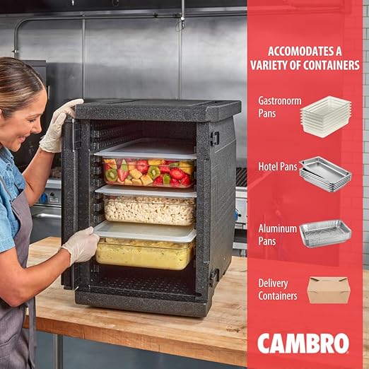 Cambro GoBox Insulated Lightweight Thermal Hot Box and Food Pan Carrier (EPP400 - Holds Four 4 Inch Pans) - Hotbox and Food Warmer for Catering &amp Transport - Front Load (Gray)