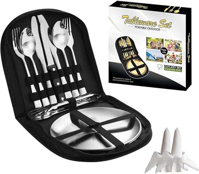 Camping Mess Kits with Portable Case Stainless Steel Outdoor Picnic Dinnerware Set with Plate Spoon Fork Knife Cloth Napkins