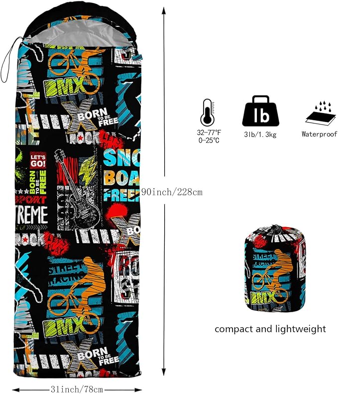 Kids Sleeping Bag for Boys GirlsCartoon Dinosaur Print-Lightweight Warm Portable Outdoor Indoor-Waterproof Cold Weather Resistant Sleeping Bag for Camping Hiking