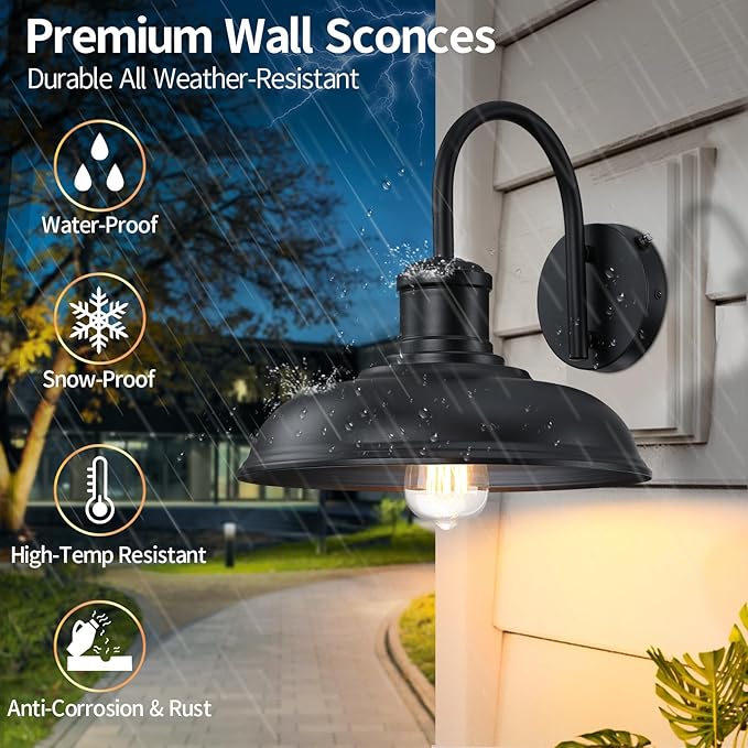 12'' Diameter Large Dusk to Dawn Outdoor Gooseneck Barn Light 2-Pack Outdoor Wall Sconce Farmhouse Exterior Light Wall Lighting Fixture Industrial Black Wall Lantern for Porch Garage Black