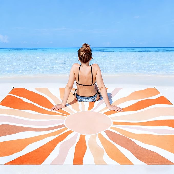 Beach Blanket Waterproof Sandproof Extra-Large Picnic Blankets with Stakes &amp Travel Bag Lightweight Quick-Dry Compact Beach Mat for Outdoors Camping Beach Trips – Summer Vacation Essentials