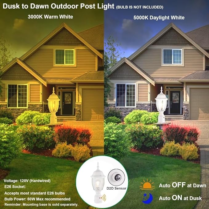 LIT-PaTH Dusk to Dawn Outdoor Post Lighting Fixture Pole Lantern E26 Medium Base Max 60W Aluminum Housing Plus Glass Bulb Not Included (White 2-Pack)