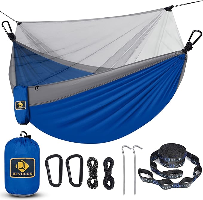 Camping Hammock with NetTravel Portable Lightweight Hammocks with Tree Straps and Solid D-Shape CarabinersParachute Nylon Hammock for Outsides Backpacking Beach Backyard Patio Hiking Blue &amp Grey