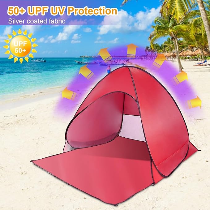 Pop Up Beach Tent Sun Shade Shelter Anti-UV Automatic Beach Tent Canopy for 2-3 People with Net Window Carry Bag for Park Camping (Red)