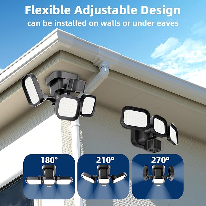 LED Motion Sensor Outdoor Lights 6500LM 270° 72FT Detected Range Dusk to Dawn 5000K IP65 Waterproof Flood Lights Outdoor 3 Head Motion Detector Security Light for GarageYard