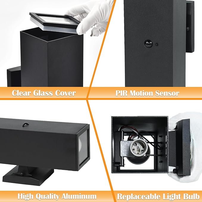 wowlite Motion Sensor Outdoor Wall Lights Dusk to Dawn Outdoor Lighting with E26 Bulbs Included 3 Lighting Modes Black Exterior Lighting Fixtures Aluminum Outside Lights for House Porch Yard 2 Pack