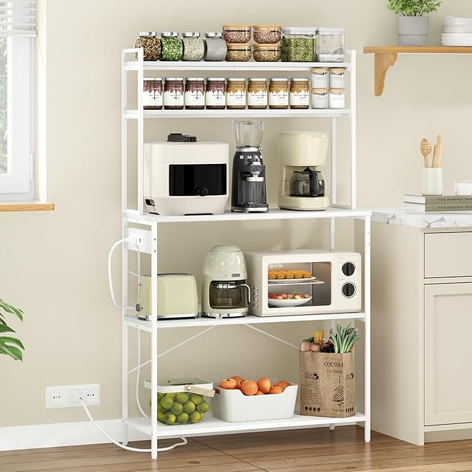 Large 5 Tier Bakers Rack with Electrical Outlets 39 Inch Microwave Stand Coffee Bar Kitchen Storage Shelf for Home Counter Space Organizer