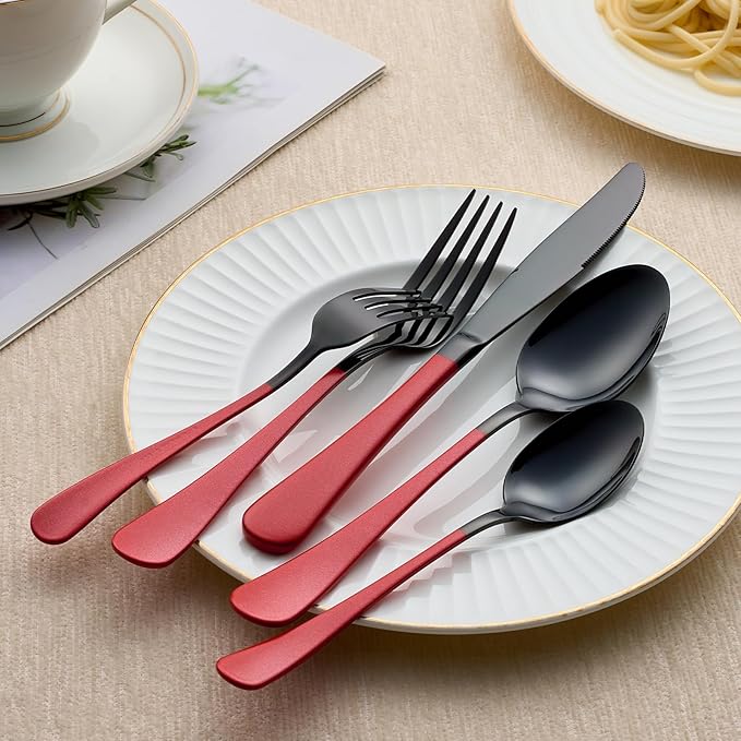 20-Piece Black and Purple Stainless Steel Flatware Set - 4 Dinner Knives Forks Spoons Salad / Dessert Teaspoons - Dishwasher Safe