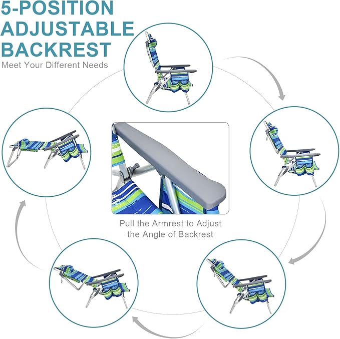 COSTWAY Backpack Beach Chairs Set 3-Piece Portable Camping Chairs with Cup Holder Ice Bag 5-Position Outdoor Reclining Chairs for Adults Travel Sunbathing Support 300 LBSBlue &amp Green