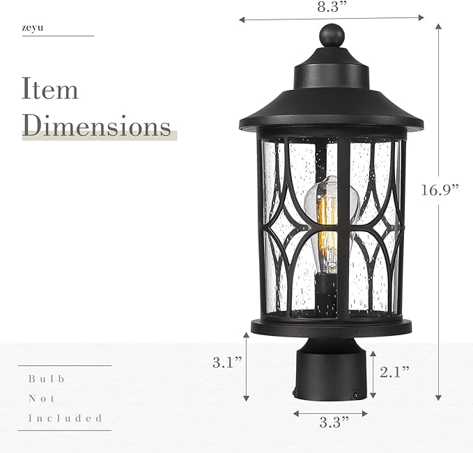 zeyu Farmhouse Exterior Post Light Fixture 17 Inch Modern Outdoor Pole Light for House Patio Yard Die-Cast Aluminum with Seeded Glass Shade Black Finish ZX48MP BK