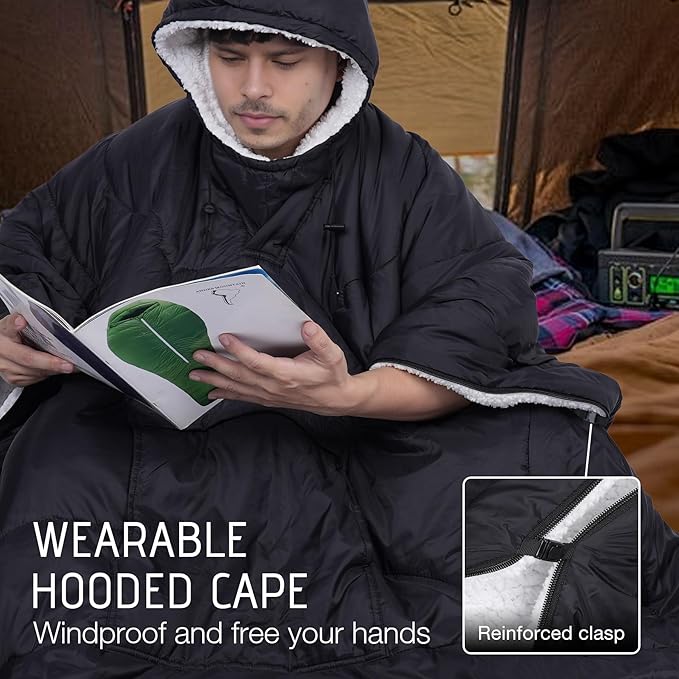 REDCAMP Wearable Camping Poncho Blanket 4-in-1 Waterproof Windproof Thermal Blanket with Kangaroo Pocket &amp Carry Bag Lightweight Portable Insulated Poncho for Outdoor Hiking Stadium（Black）