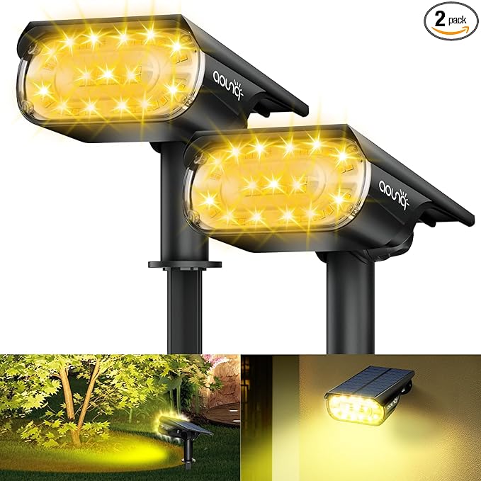 2 Pack Solar Spot Lights Outdoor 1000 Lumens 64 LEDs IP67 Waterproof Landscape Lighting with 4 Modes - 2-in-1 Solar Spotlight &amp Pathway Light for Garden Yard Patio Decor Warm White