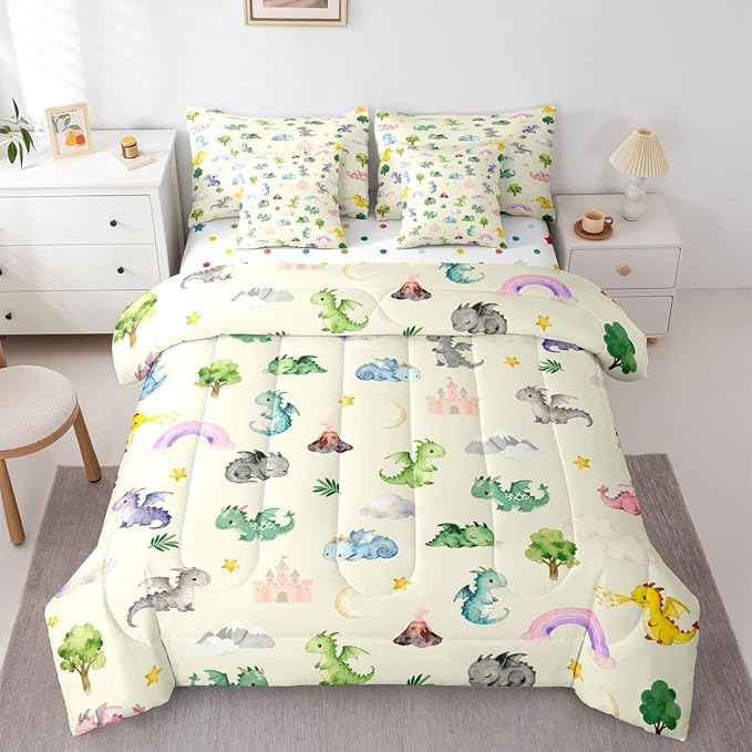Kids Baby Dragon 7 Piece Bedding Set Twin Size Animal Comforter Set with SheetsPillowcases &amp Cushion Cover for Boys Girls Teens Bedroom Decor Cartoon Wildlife Bed in a Bag Microfiber Women Men Be