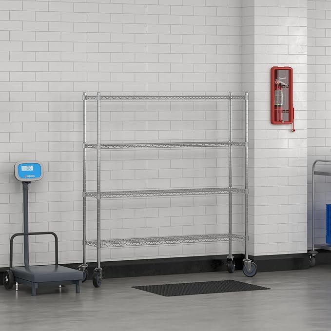Commercial NSF Listed Chrome Mobile Wire Shelving Kit 12 x 54 x 60 with 4 Shelves Perfect for Warehouse Walk-in Refrigerator Freezer Grocery Store Restaurant Dishroom