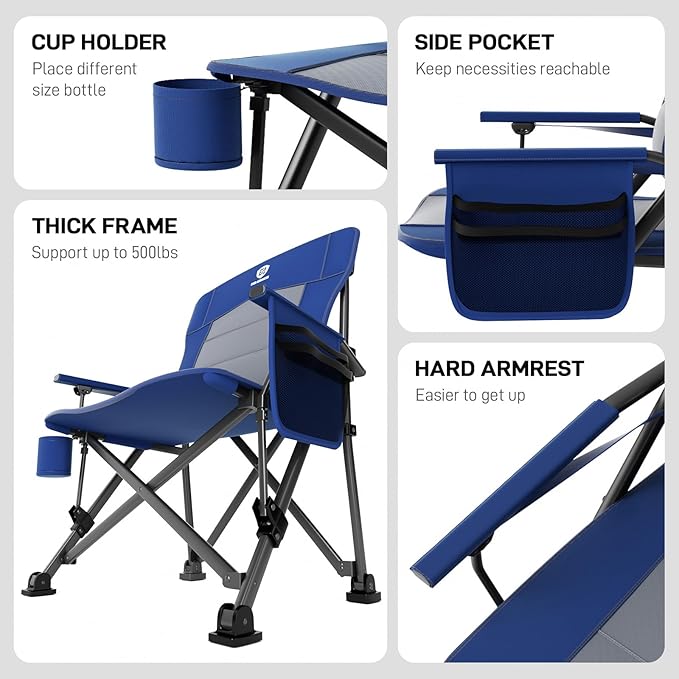 EVER ADVANCED Oversized Folding Camping Chair for Adults with Adjustable Lumbar Support Heavy Duty Chair with Side Pockets Portable Collapsible Quad Chair for Outside