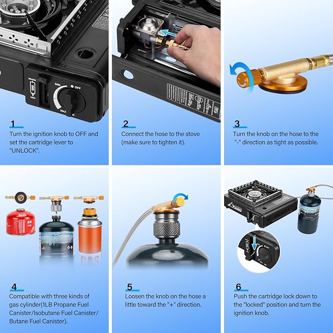 WADEO Three Fuel Portable Camping Stove with Windblocker 3 in 1 Propane Butane Isobutane Stove with Carrying Case and Stainless Steel Hose Adapters Gas Camp Stove for Cooking BBQ Travel RV Hiking