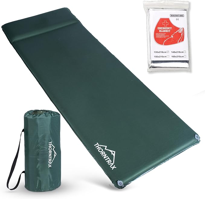 Throntrax Camping Sleeping Pad - Ultralight Camping Mat with Pillow Built-in - 3.1 Thick | Self-Inflating &amp Suitable for All Seasons - Compact Sleeping Pad for Camping - Green