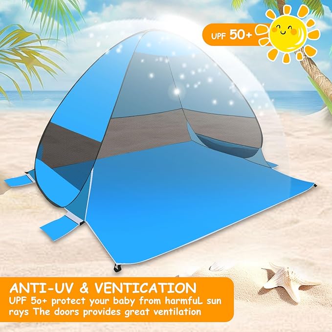 Pop Up Beach Tent Beach Shade with UPF50+ UV Protection Pop Up Tent for 3-4 Person Easy Setup Sun Shade Canopy for Camping Fishing (Light Blue)