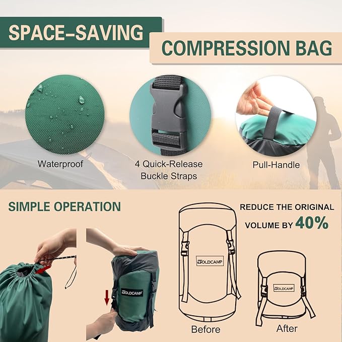 GOLDCAMP Compression Sack 40% More Storage! 18L/30L/43L/49L/65L Compression Stuff Sack Waterproof &amp Ultralight Sleeping Bag Stuff Sack - Space Saving Gear for Camping Hiking (Green XXXL)
