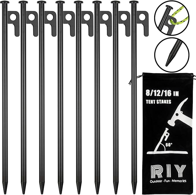 RIY Tent Stakes Heavy Duty 8Pcs 12 Inch Steel Tent Stakes with 3Pcs 12 Inch Tree Stakes Plant Support Stakes