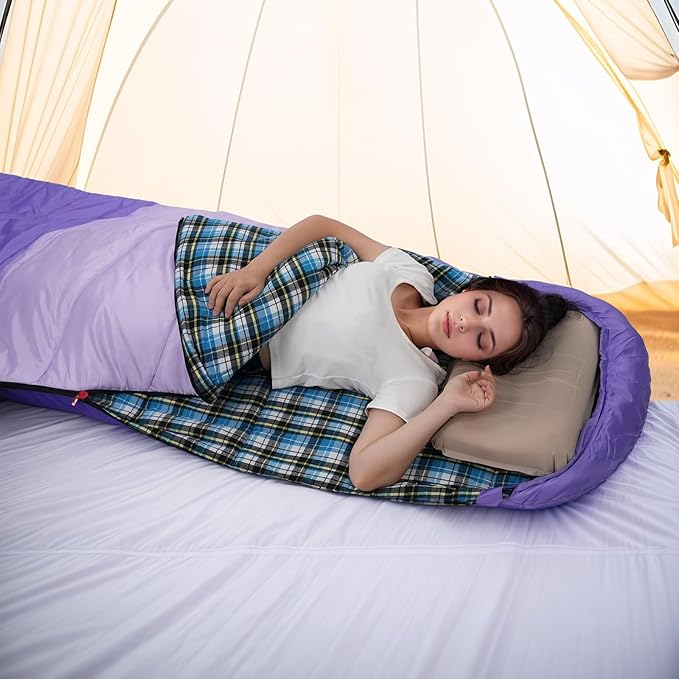 Cotton Flannel Lined Sleeping Bag for Adults Teens Kids Cold Weather &amp Warm 3 Seasons Lightweight Compact Camping Essentials Equipment Hiking Outdoor Travel