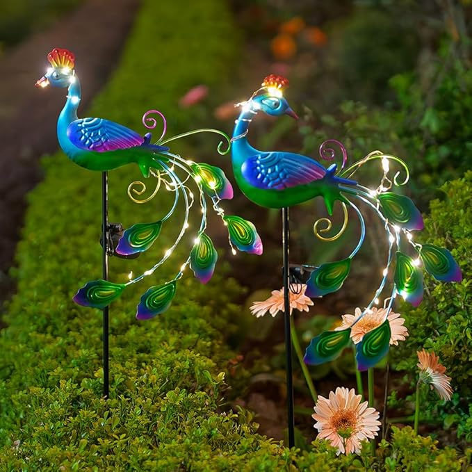 DREAMSOUL 2 Pack Metal Peacock Solar Lights Outdoor Waterproof LED Solar Lights Decorative Garden Stakes for Yard Pathway Peacock Decor