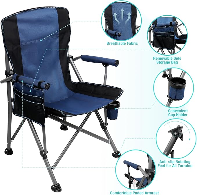 Camping Chair for Adults Heavy Duty Outdoor Patio Lawn Chairs Portable Support 350 LBS High Back Padded Oxford with Armrests Storage Bag Cup Holder for Outside Fishing Camping Foldable