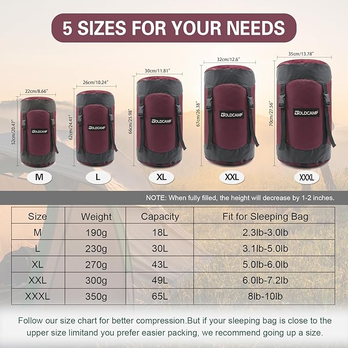 GoldCamp compression stuff sack for Ultralight sleeping bag space saving gear with dust flap18L/30L/43L/49L/65L Compression Stuff Sack Waterproof Camping Travel Outdoor Backpacking (Red XXXL)